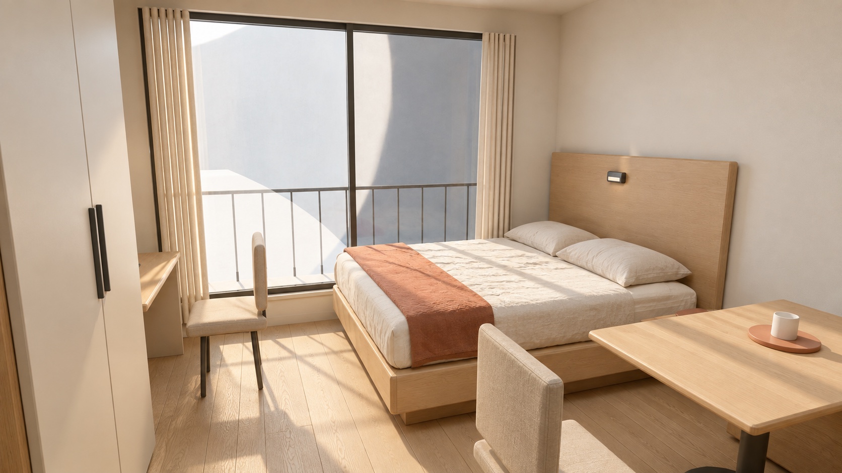 Apartaestudio propuesto con cama, escritorio y mobiliario integrado de madera clara