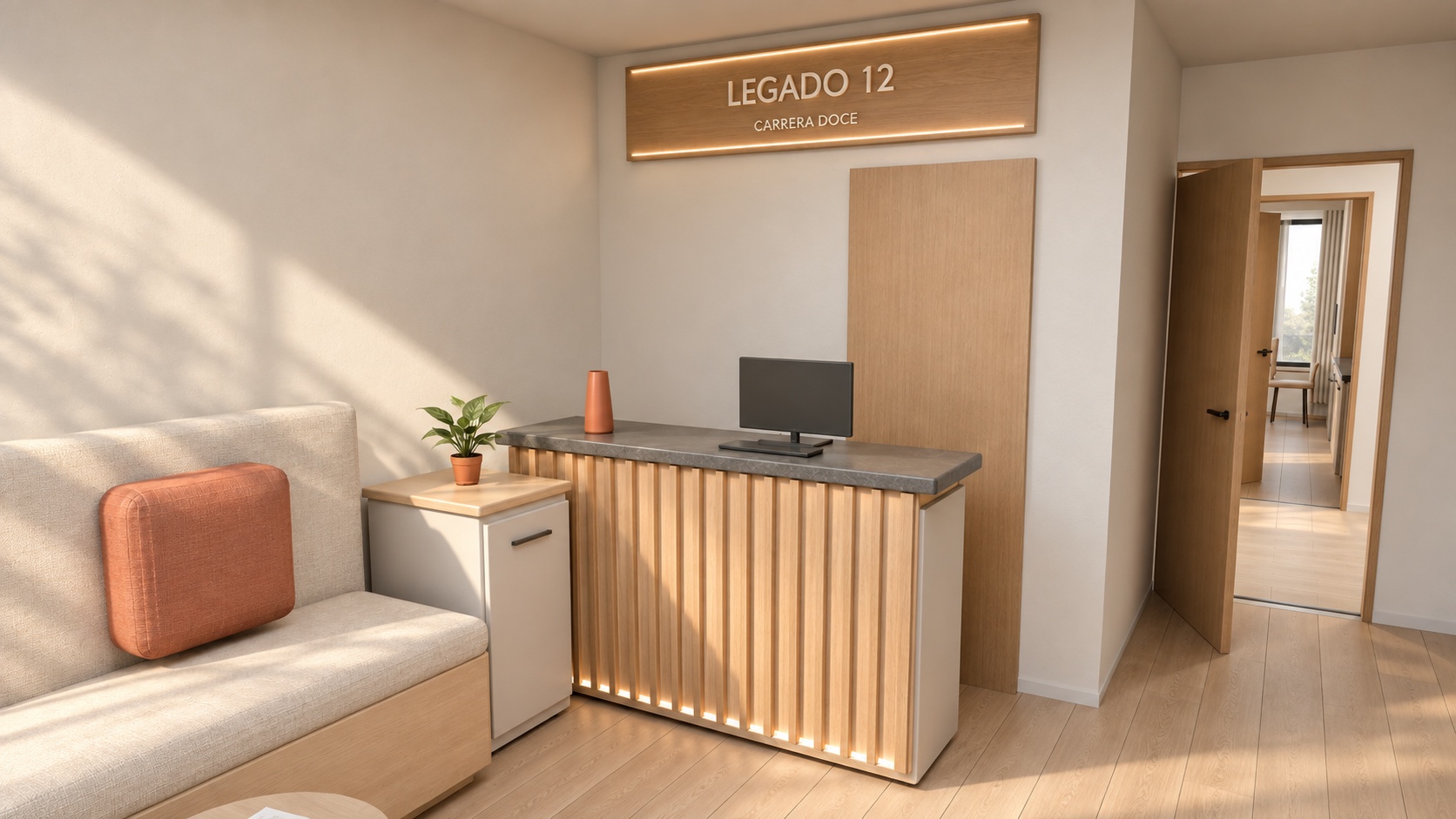 Recepción propuesta de Legado Carrera 12, con mostrador de madera y sala de espera