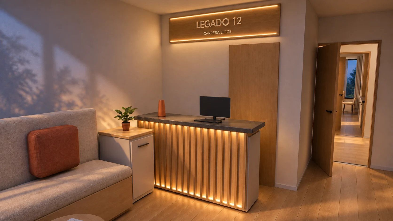Recepción propuesta de Legado Carrera 12, con mostrador de madera y un lugar para recibir a sus habitantes