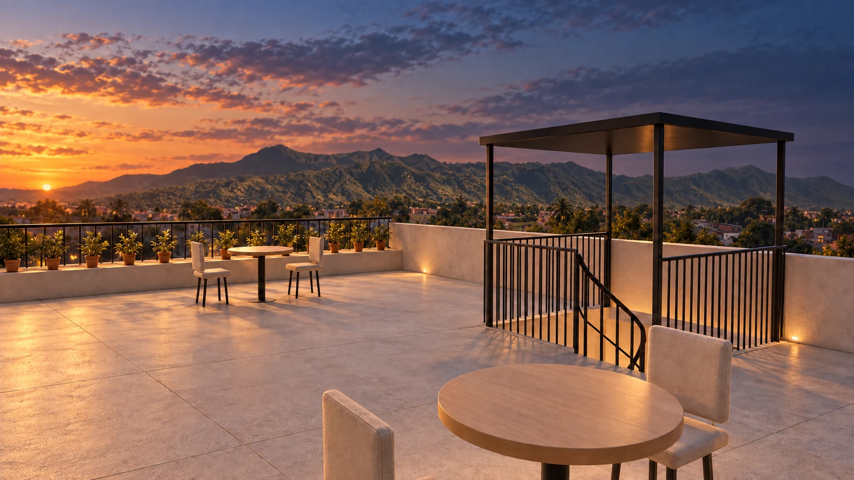 Terraza propuesta de Legado Carrera 12 hacia una cordillera verde, con marquesina de escalera y vegetación